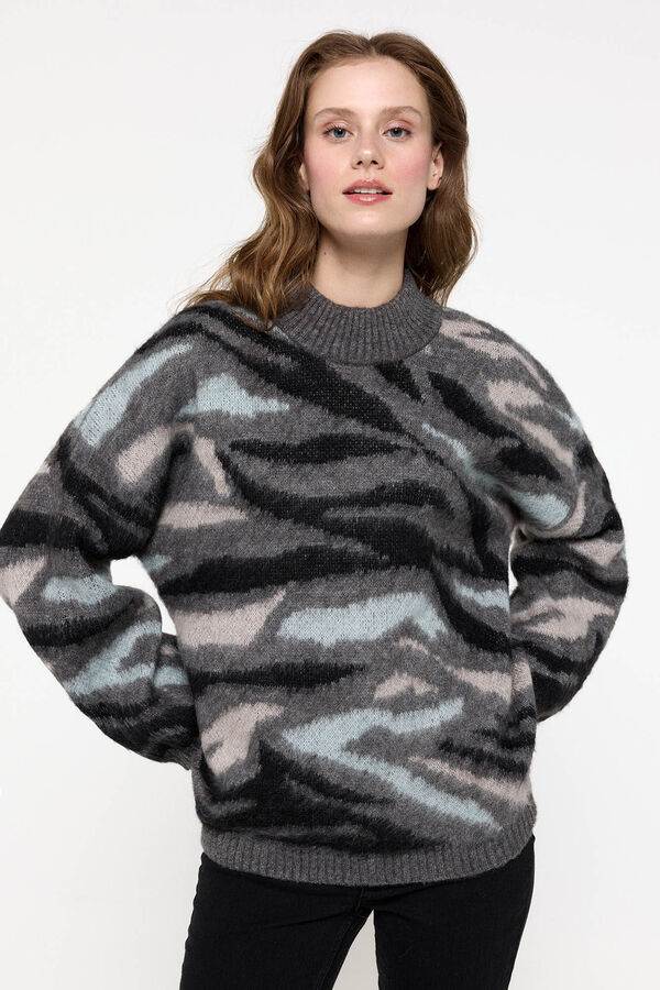 Pieces Su&eacute;ter malha com estampa animal cinzento