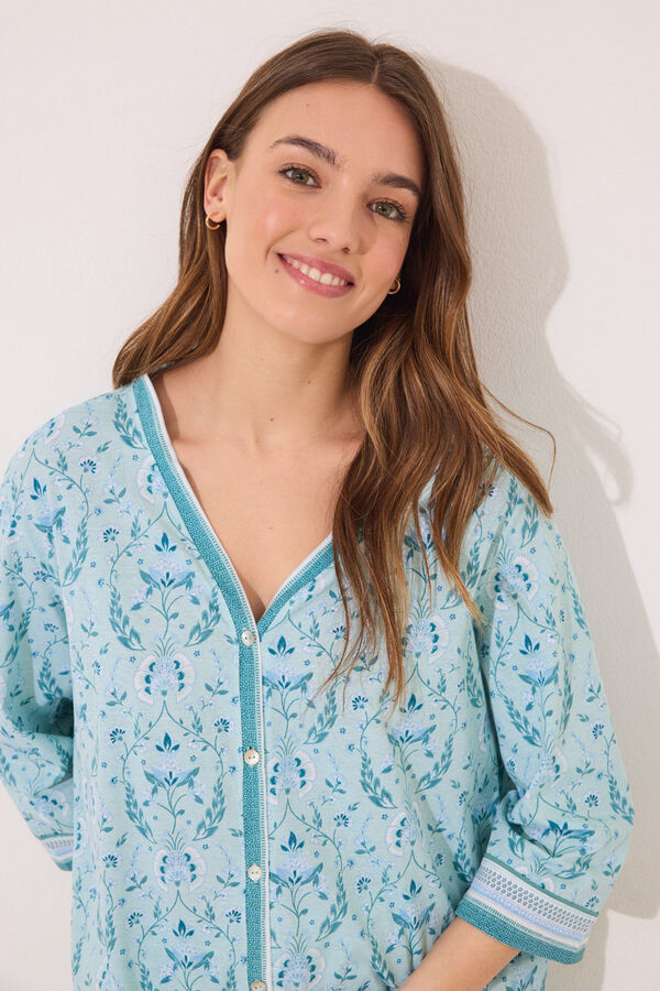 Women'secret Pijama largo 100% algod&oacute;n verde estampado flores verde