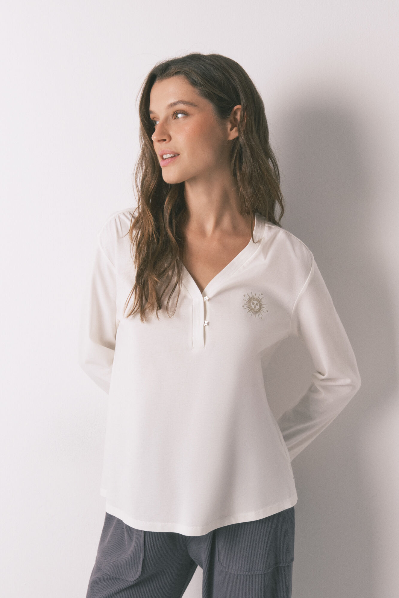 Women'secret T-shirt branca de manga comprida 100% algod&atilde;o