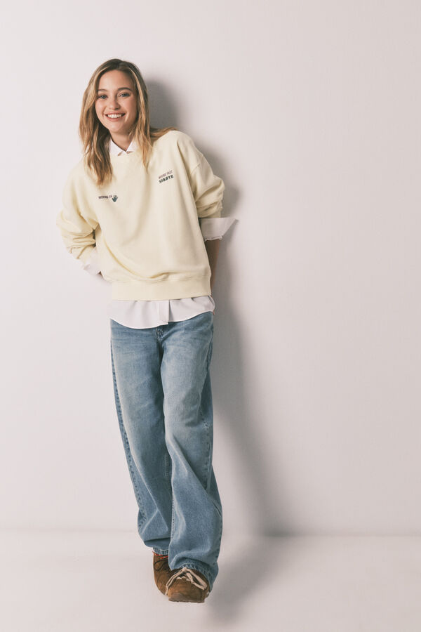 HI&BYE Sweatshirt curta lisa em felpa de algod&atilde;o amarela estampado