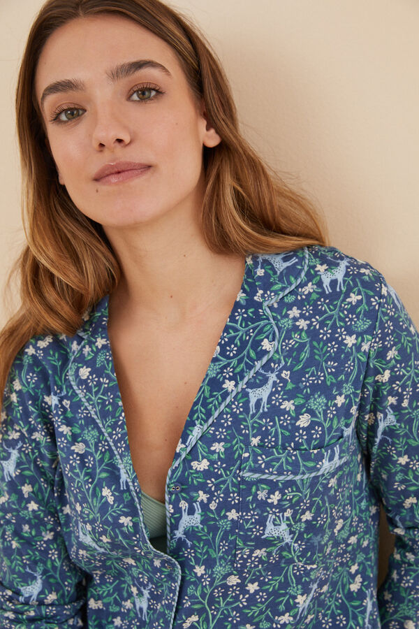 Women'secret Pijama camisero 100% algod&oacute;n azul flores estampado