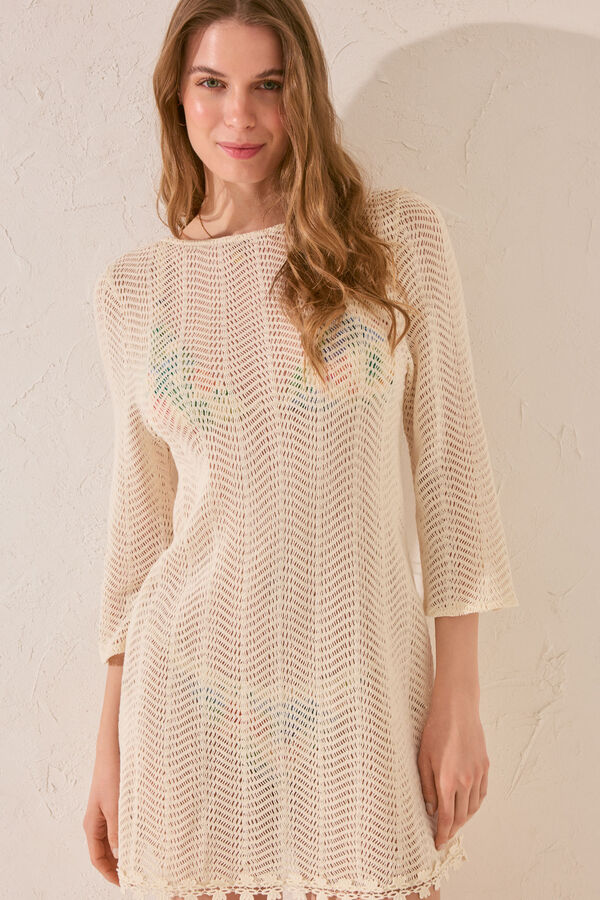 Women'secret Vestido curto branco de crochet  bege