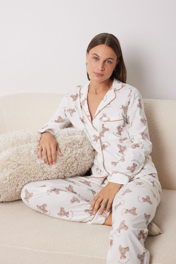 Women'secret Pijama largo camisero 100% algod&oacute;n ositos estampado