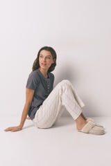 Women'secret Pantal&oacute;n largo franela blanco print cuadros marfil