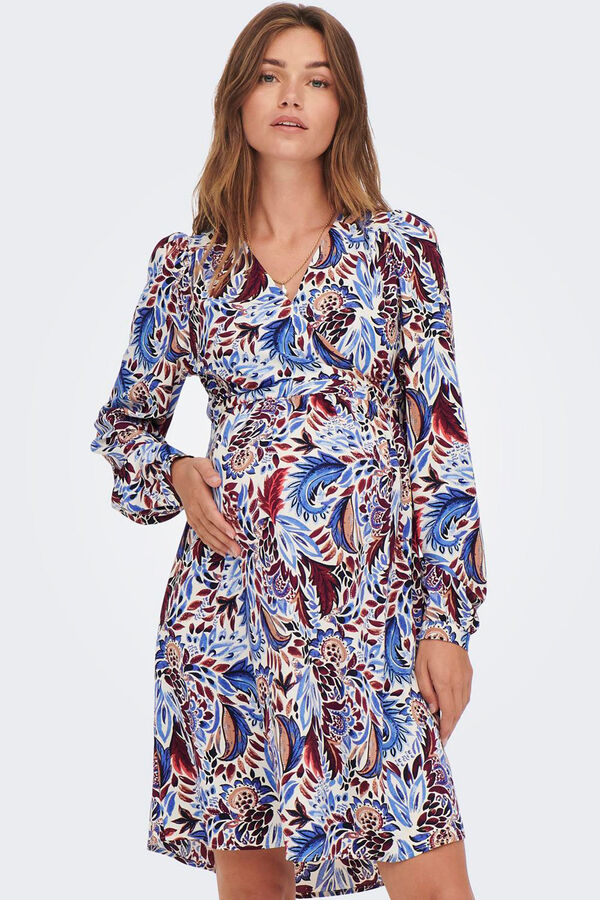 Only Maternity Vestido midi com fecho cruzado e ajuste na cintura, estampado bege