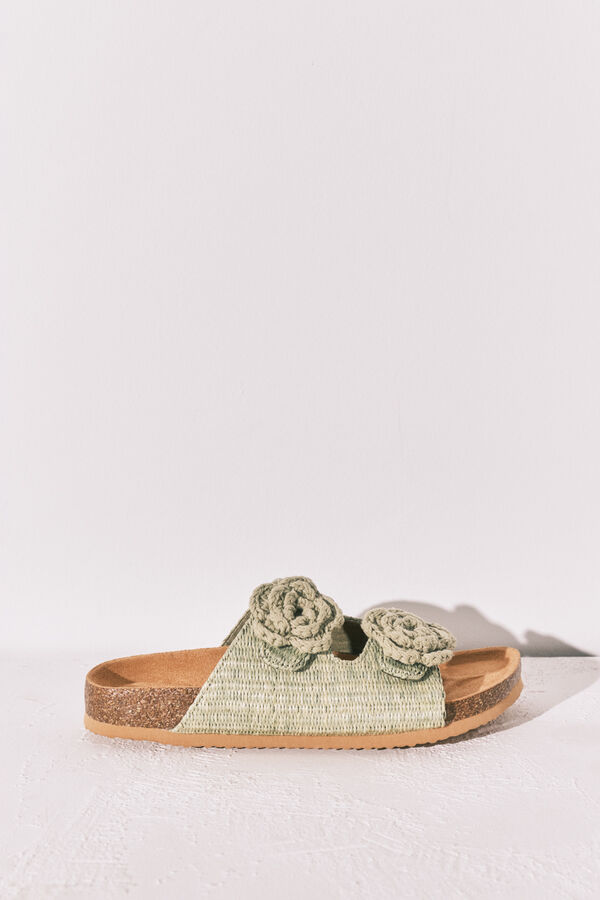 Women'secret Sand&aacute;lias bio em r&aacute;fia com flor de crochet verde caqui