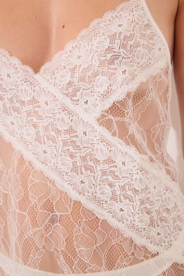 Women'secret Camisa de dormir midi de renda branca bege