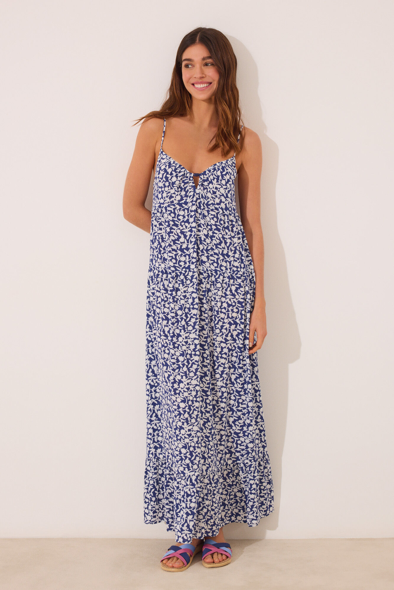 Women'secret Vestido largo tirantes print azul flores