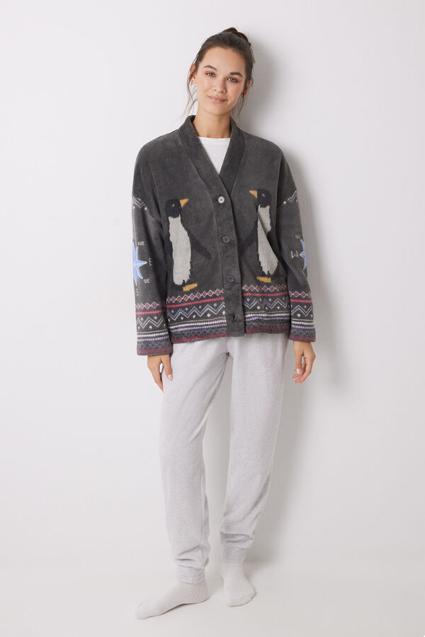 Women'secret Pijama largo terciopelo ping&uuml;inos gris