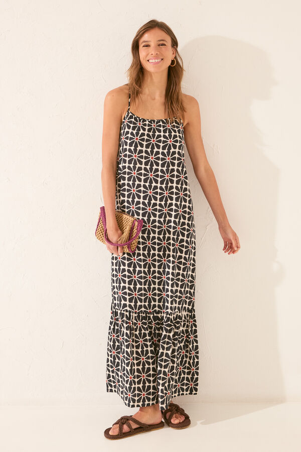 Women'secret Vestido largo tirantes estampado flores negro