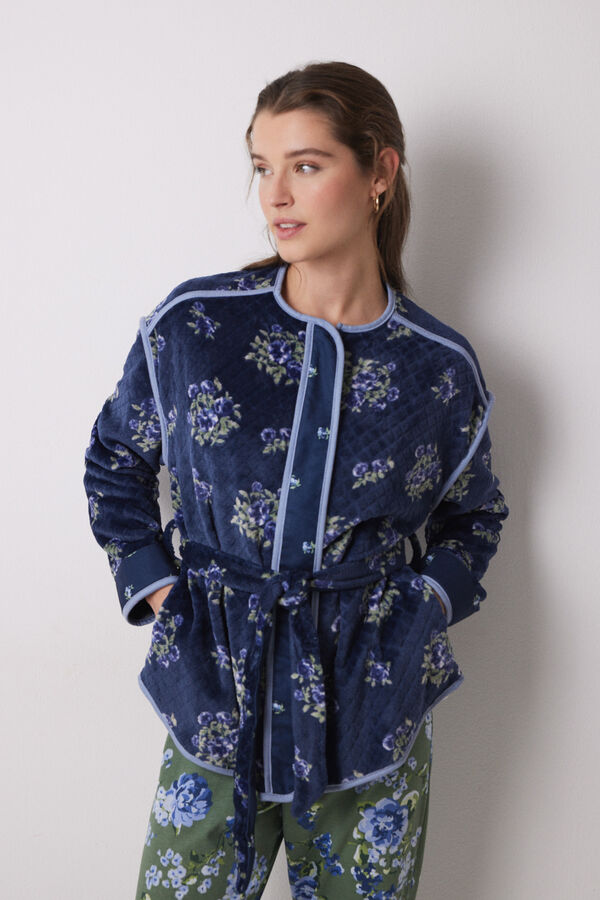 Women'secret Bata corta tejido polar suave flores azul