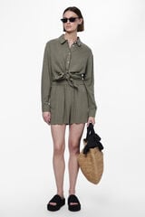 Pieces Cal&ccedil;as curtas de linho com cintura el&aacute;stica. verde