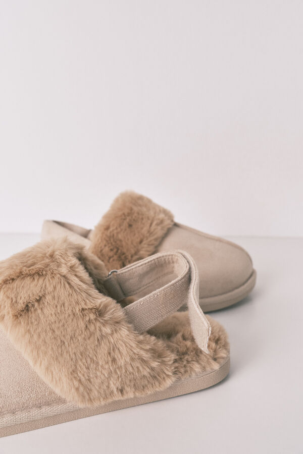 Women'secret Zapatillas casa zueco pelo camel beige