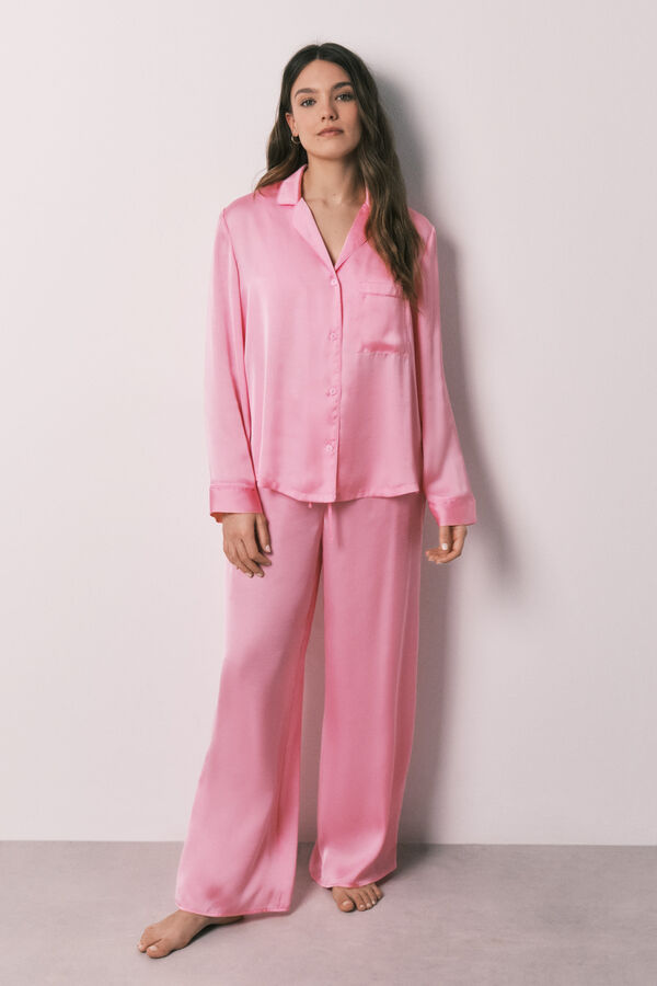 Women'secret Pijama camisero largo sat&eacute;n rosa rosa