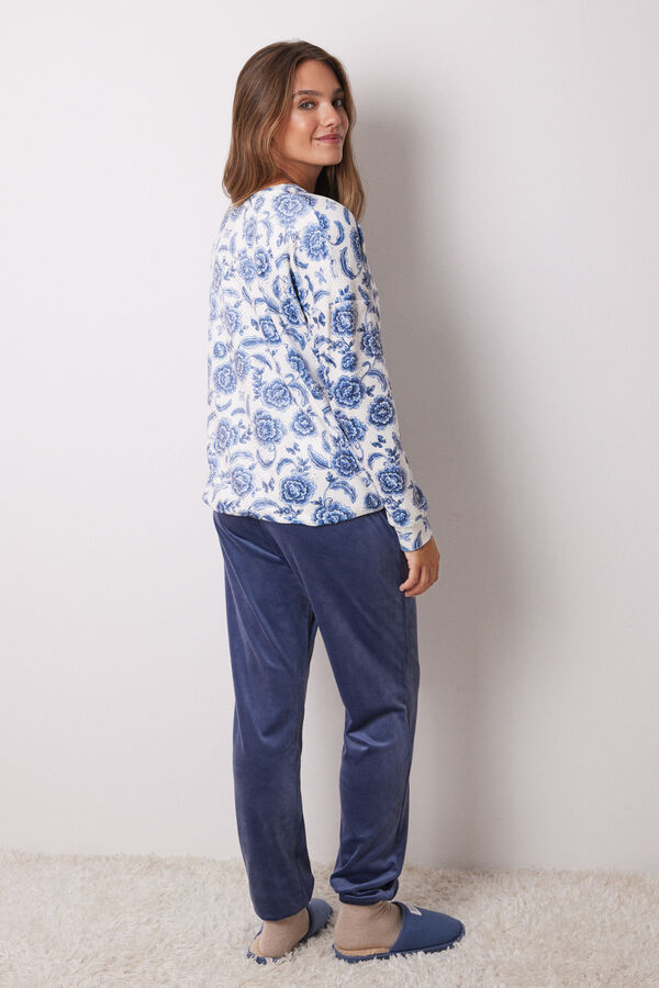 Women'secret Pijama longo de veludo elástico macio azul