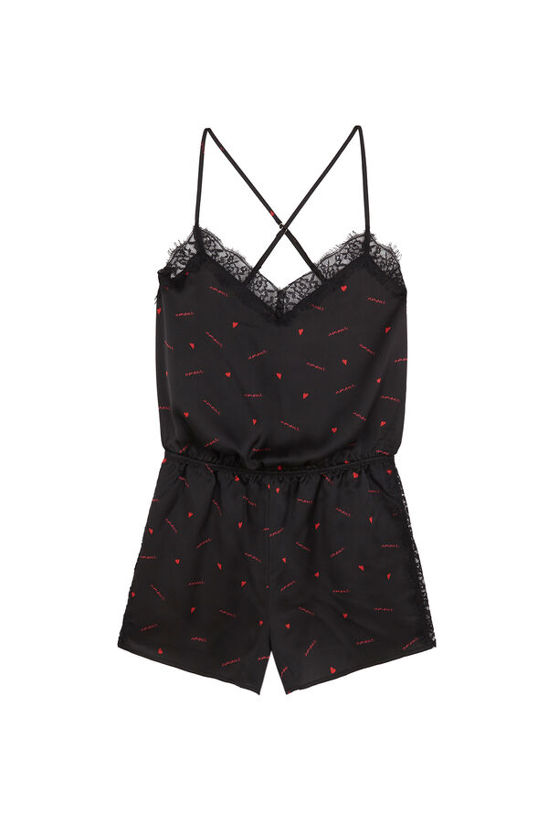 Women'secret Macacão curto em cetim preto estampado  preto