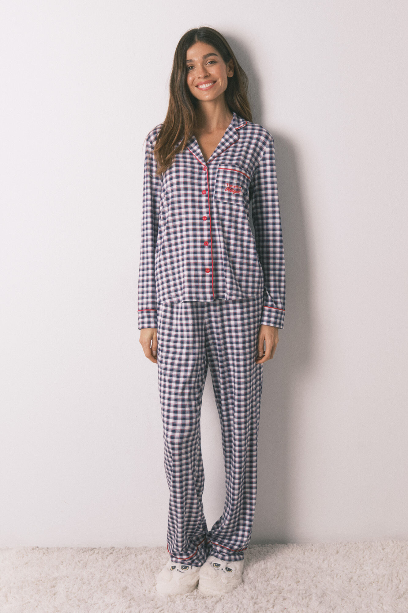 Women'secret Pijama camiseiro comprido malha suave xadrez