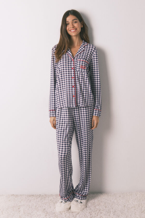 Women'secret Pijama camiseiro comprido malha suave xadrez azul