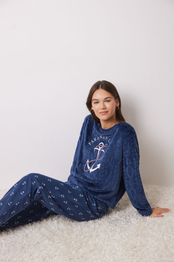Women'secret Pijama largo pelo y polar suave azul