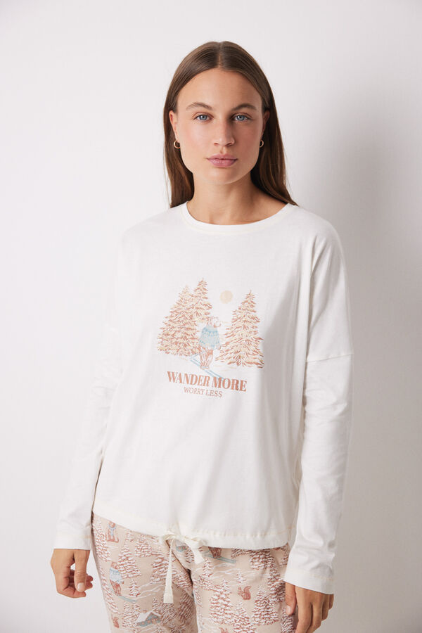 Women'secret Pijama longo 100% algod&atilde;o com estampado de Natal bege