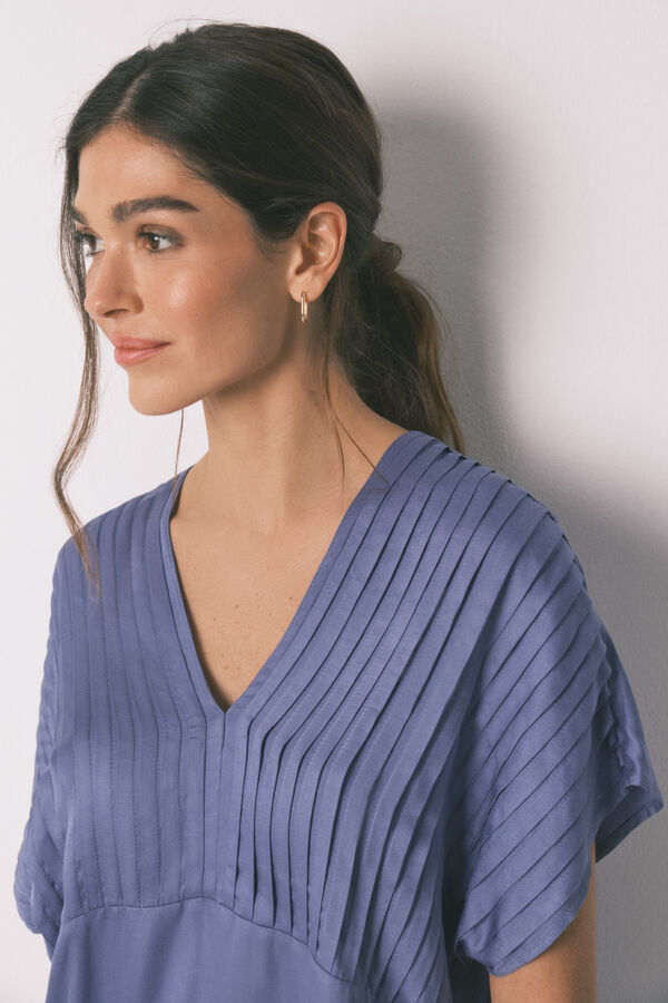 Women'secret Pijama largo azul escote plisado azul