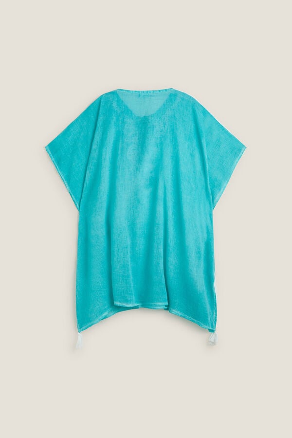 Textura T&uacute;nica algod&oacute;n detalle bordado turquesa