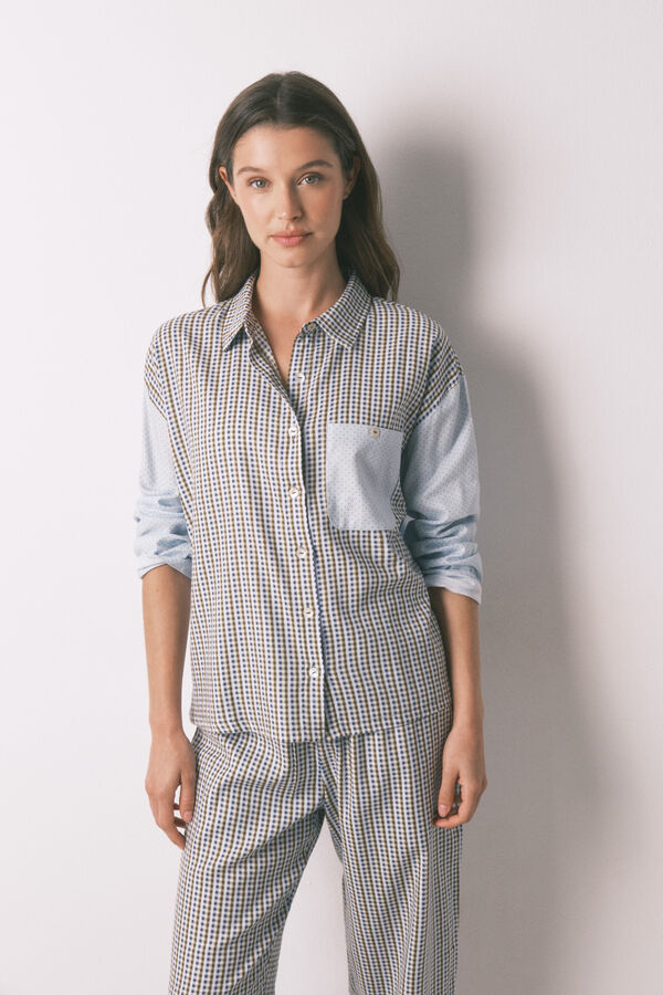 Women'secret Pijama largo camisero cuadros y topos estampado