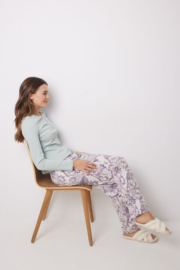 Women'secret Pantal&oacute;n largo 100% algod&oacute;n flores morado/lila