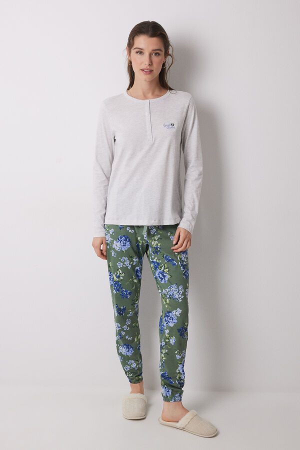 Women'secret Pijama largo 100% algod&oacute;n estampado flores gris