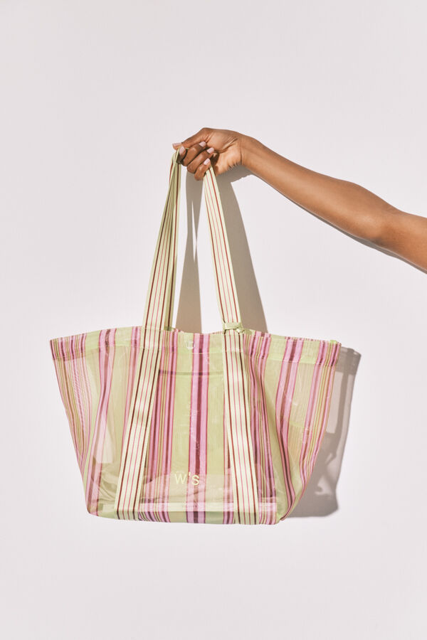 Women'secret Mala grande em tecido mesh com riscas verde e rosa estampado