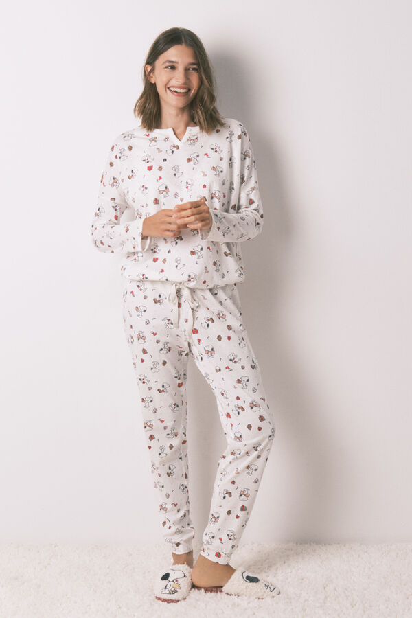 Women'secret Pijama largo 100% algod&oacute;n blanco Snoopy marfil
