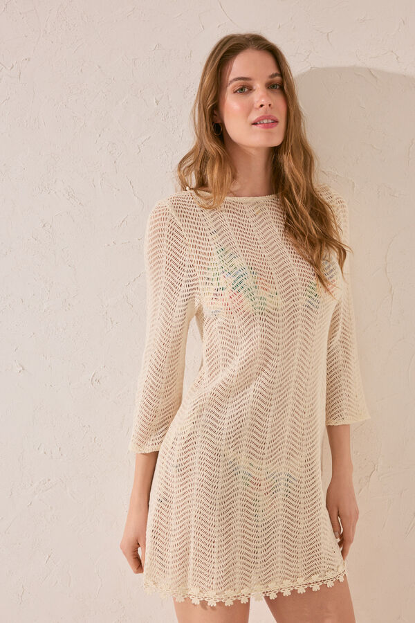 Women'secret Vestido curto branco de crochet  bege