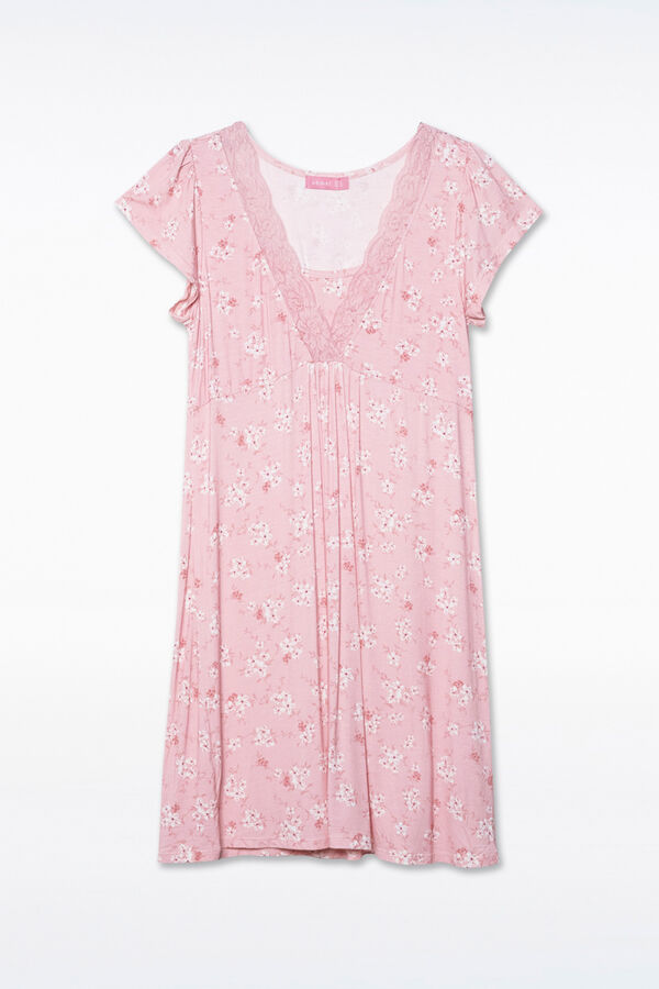 Ohma! Camisa de dormir japonesa de manga curta com flores rosa