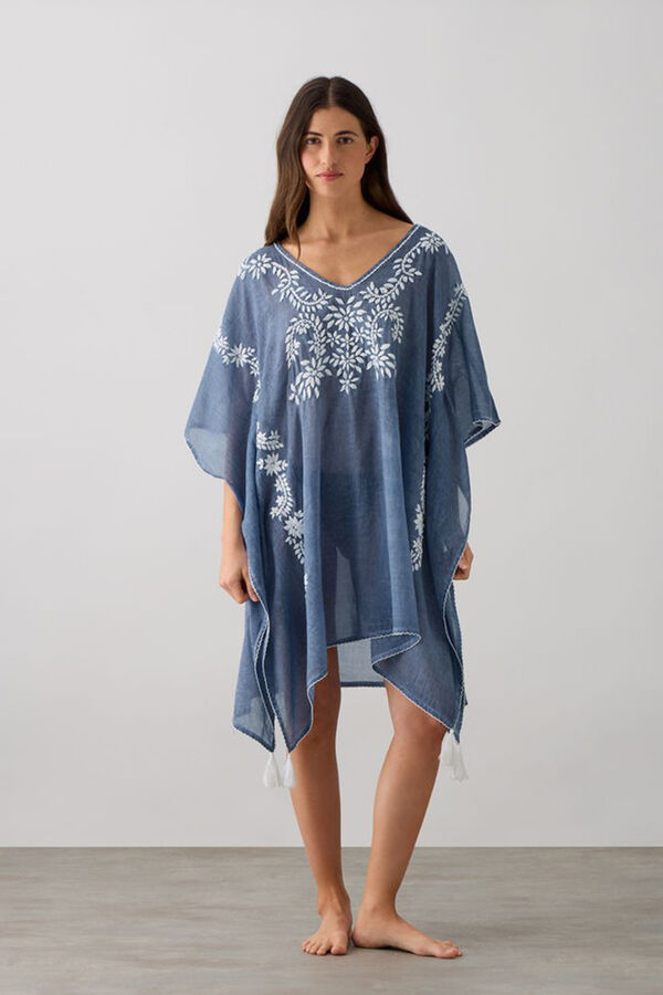 Textura T&uacute;nica algod&oacute;n bordado borlas flores azul