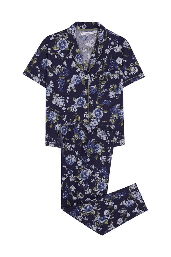 Women'secret Pijama largo camisero 100% algod&oacute;n azul flores estampado