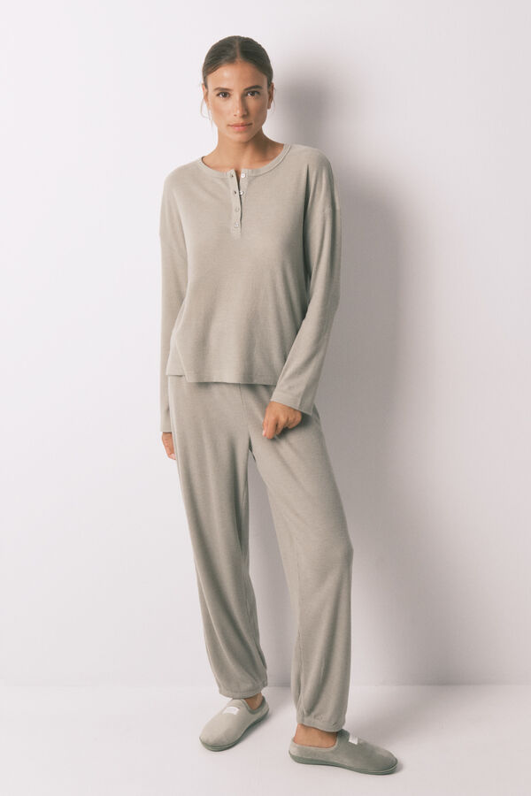 Women'secret Pijama largo textura waffle verde kaki