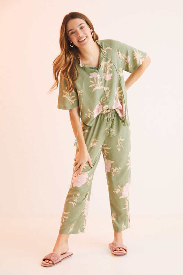 Womensecret Pijama flores verde, calças Capri verde
