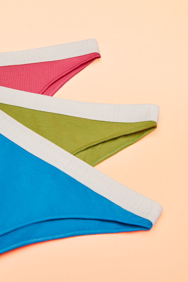 HI&BYE Pack 3 bragas brasile&ntilde;as algod&oacute;n logo verde, fucsia y azul blanco