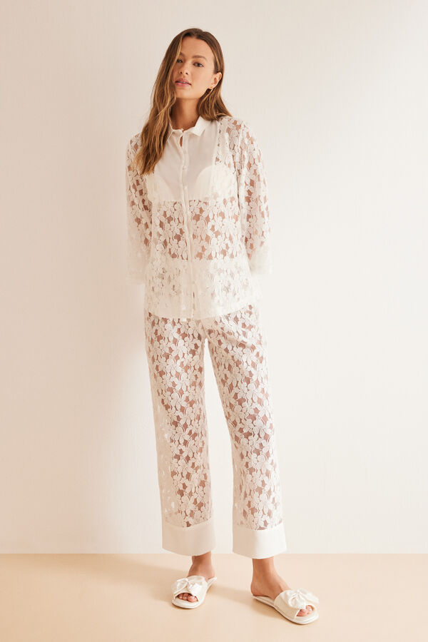 Women'secret Pijama camisero bordado suizo marfil