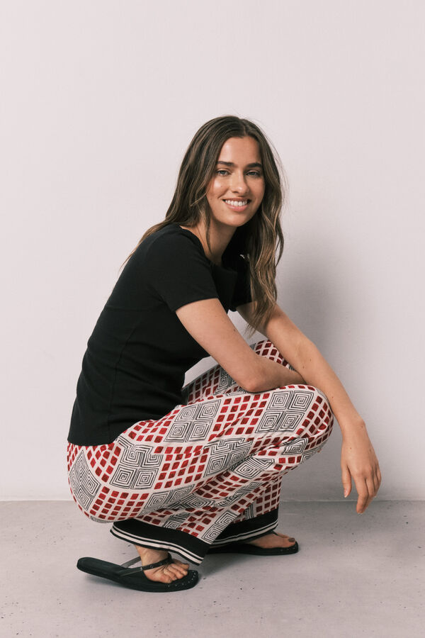 Women'secret Pijama comprido de manga curta em algod&atilde;o preto