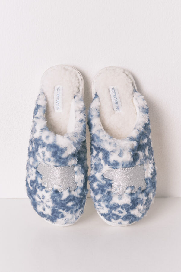 Women'secret Chinelos de quarto com remendo de borrego brilhante azul