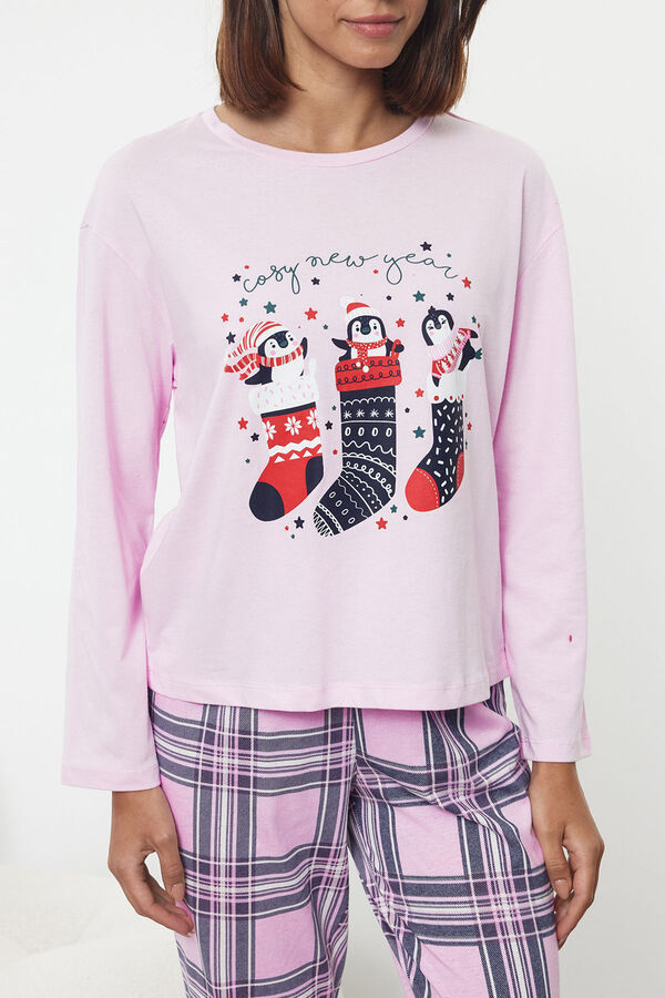 Trendyol Conjunto pijama Navidad cuadros rosa&nbsp; estampado