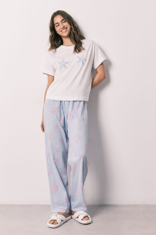 Women'secret Pijama comprido de manga curta em algod&atilde;o com estrelas marinho bege