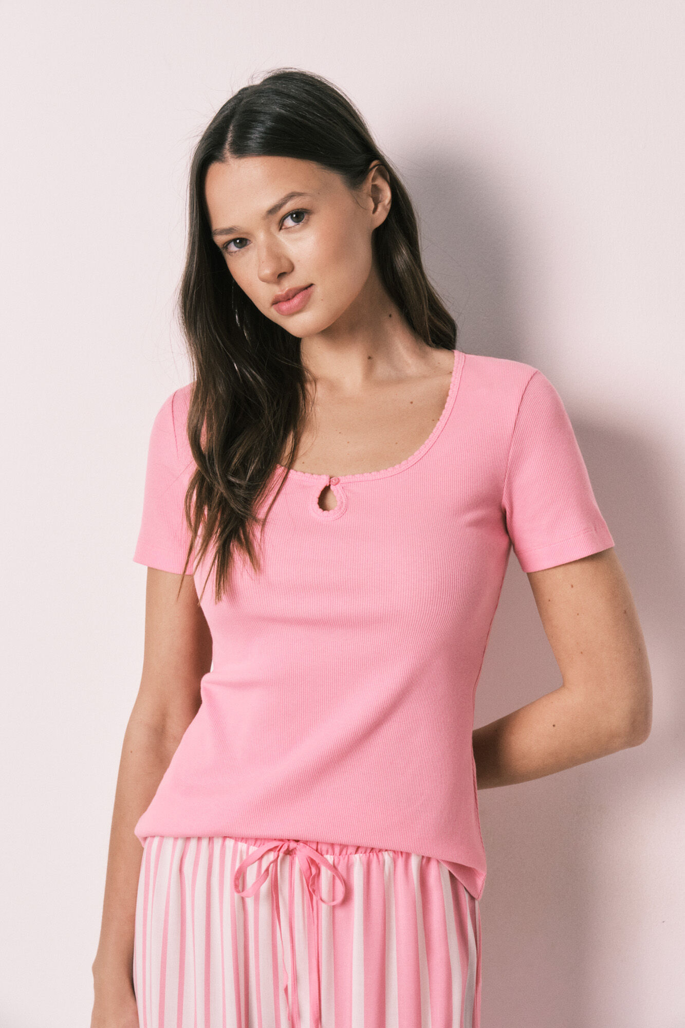 Women'secret Pijama comprido de manga curta em algod&atilde;o e viscose rosa