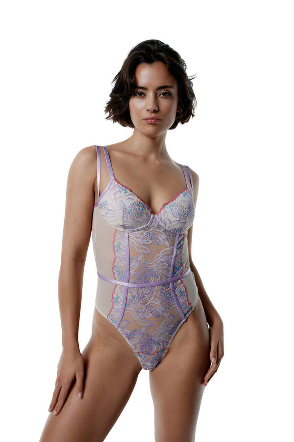 Black Limba Body de renda aro falso em renda e malha Arden estampado