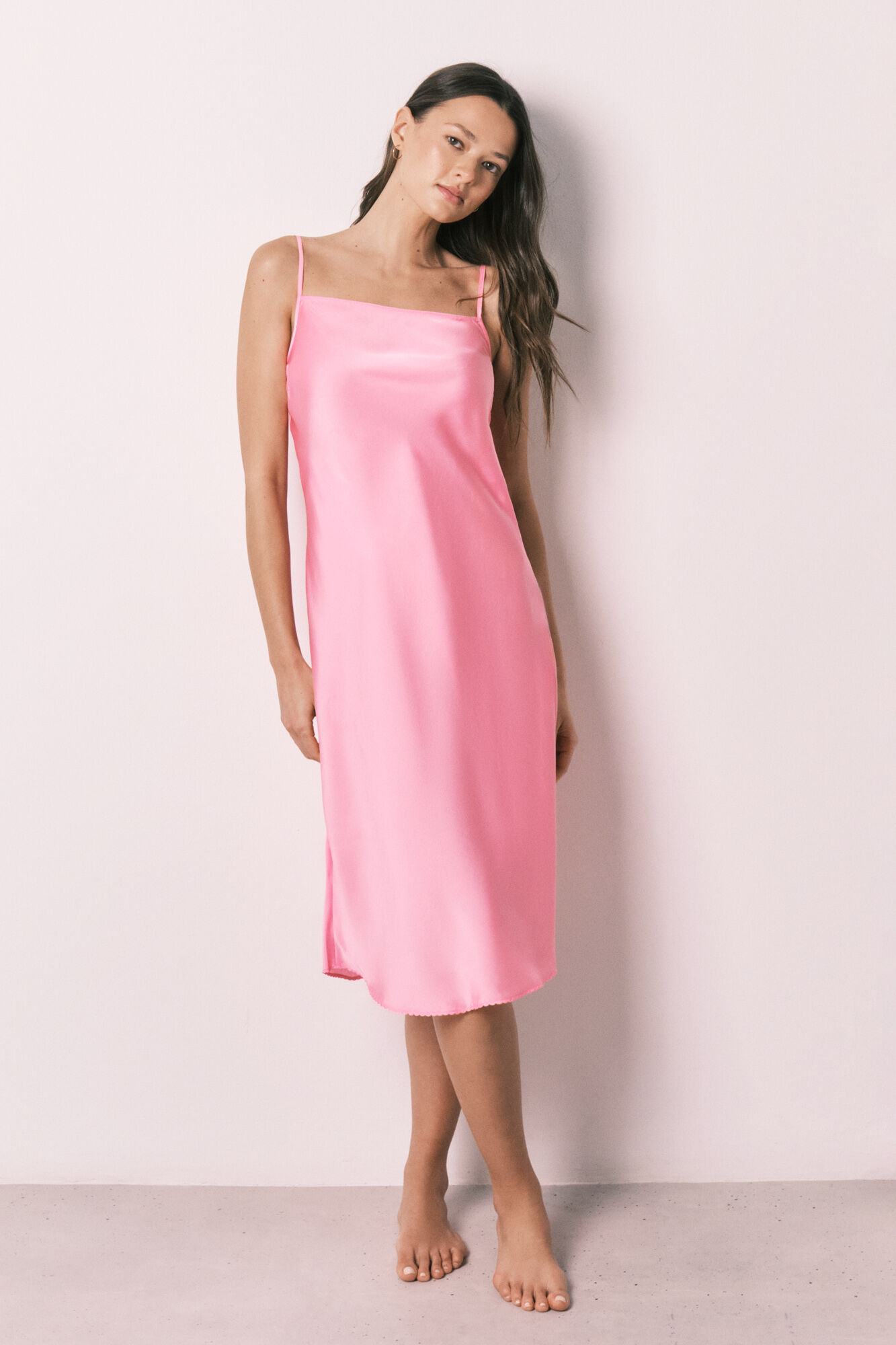 Women'secret Camisa de dormir midi de al&ccedil;as em cetim rosa