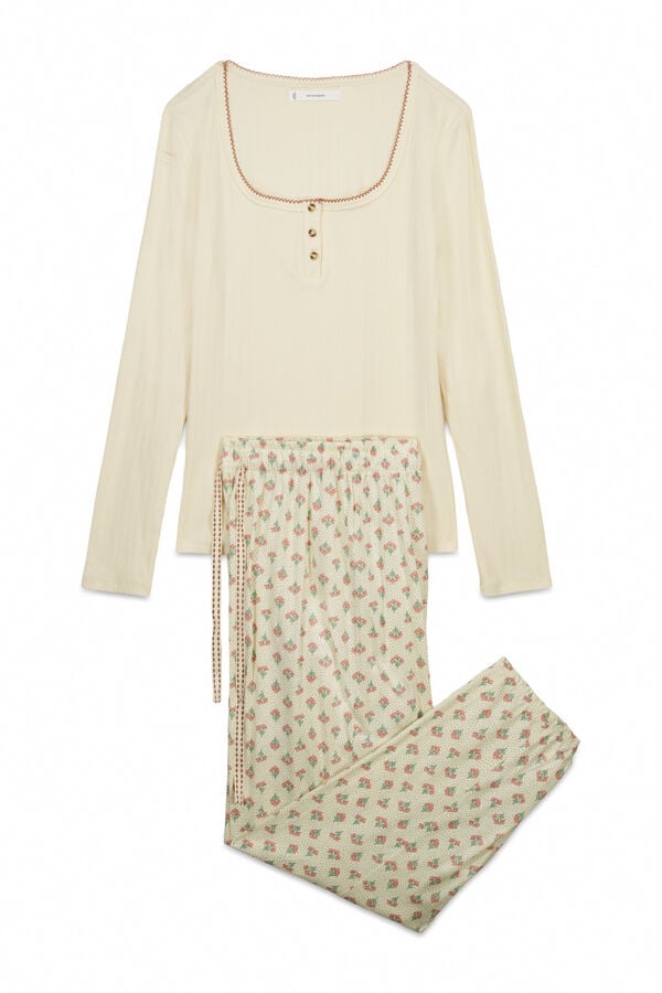 Women'secret Pijama largo algod&oacute;n estampado flores amarillo marfil