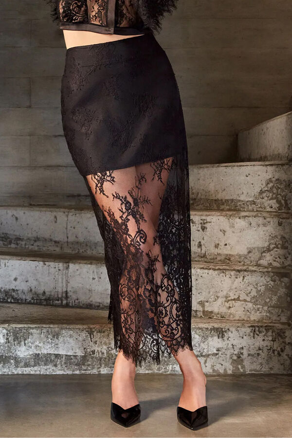 Gisela Falda negra de encaje con forro interior y acabado sofisticado negro