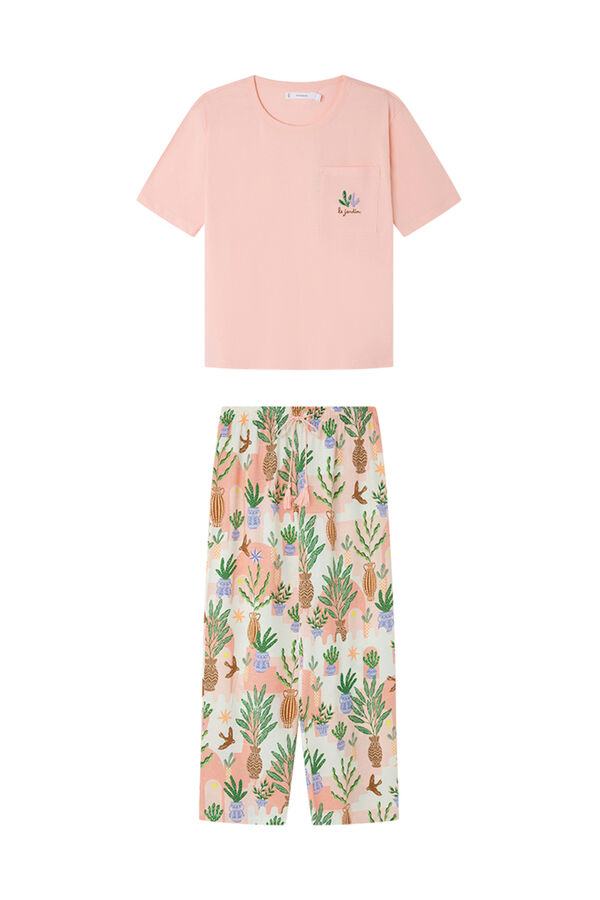 Women'secret Pijama Capri 100% algod&oacute;n rosa macetas rosa