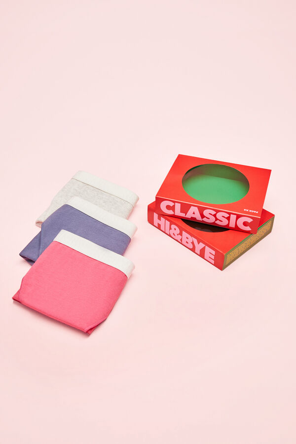 HI&BYE Pack 3 bragas algod&oacute;n logo azul, gris y fucsia estampado